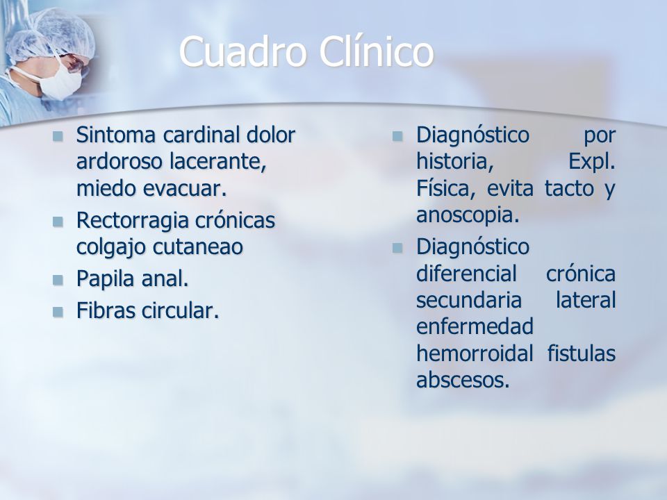 Cuadro Clínico Sintoma cardinal dolor ardoroso lacerante, miedo evacuar. Rectorragia crónicas colgajo cutaneao.