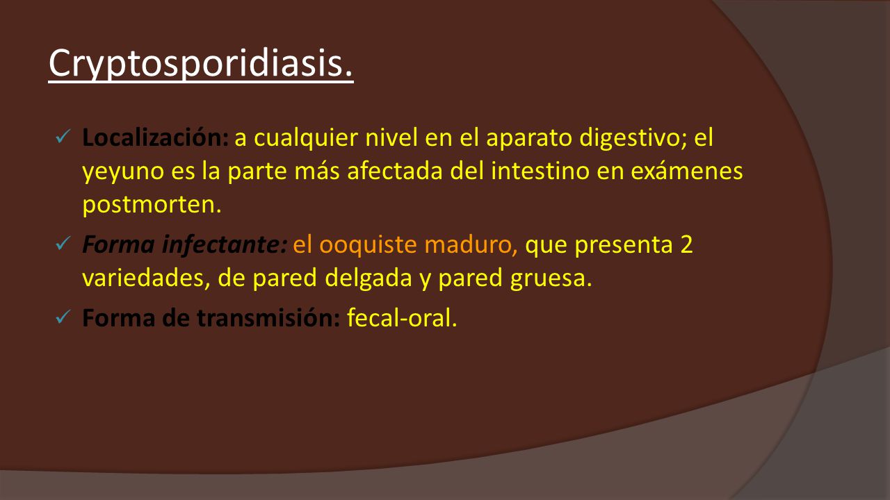 Cryptosporidiasis. Localización: a cualquier nivel en el aparato digestivo; el yeyuno es la parte más afectada del intestino en exámenes postmorten.