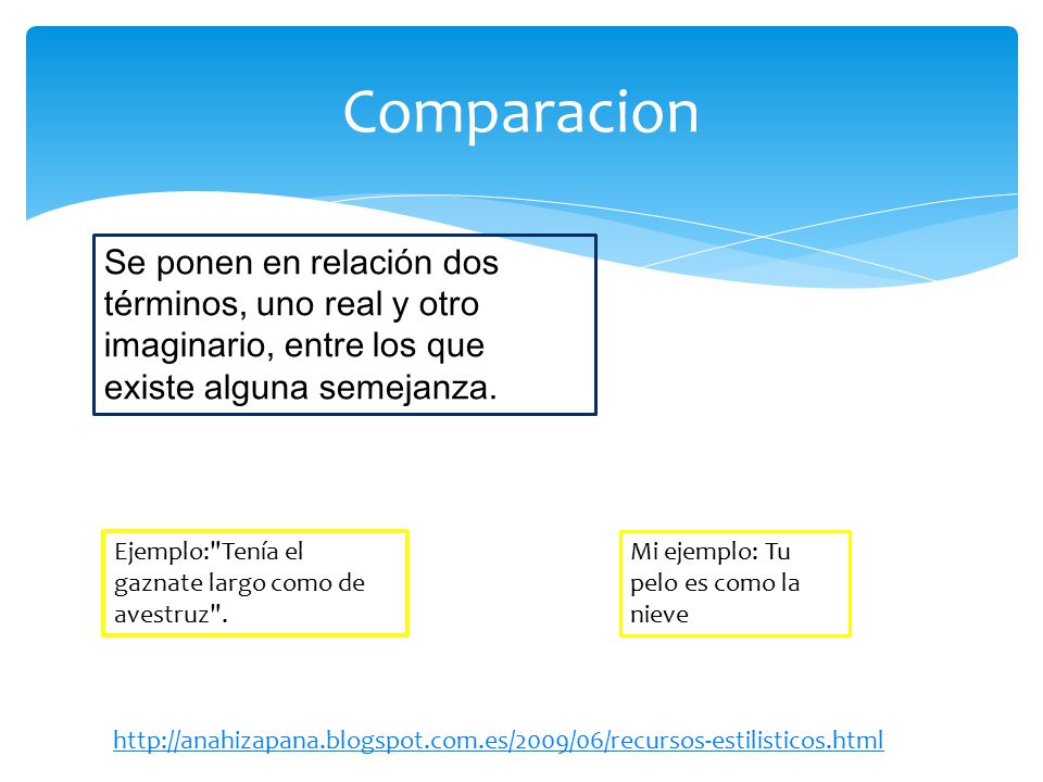 Comparacion Se ponen en relación dos términos, uno real y otro imaginario, entre los que existe alguna semejanza.