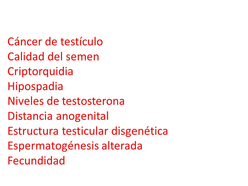 Cáncer de testículo Calidad del semen. Criptorquidia. Hipospadia. Niveles de testosterona. Distancia anogenital.