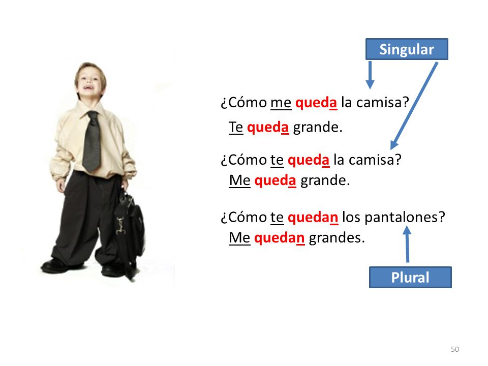Singular ¿Cómo me queda la camisa Te queda grande. ¿Cómo te queda la camisa Me queda grande. ¿Cómo te quedan los pantalones