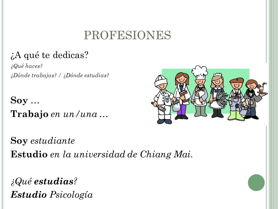 PROFESIONES ¿A qué te dedicas Soy … Trabajo en un/una …