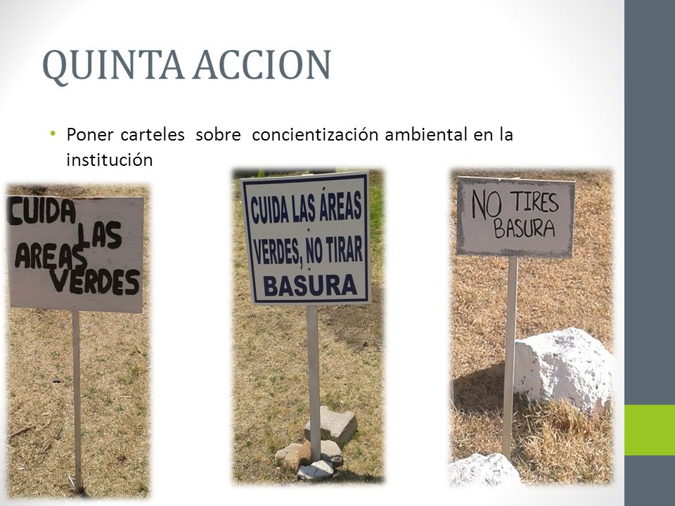 QUINTA ACCION Poner carteles sobre concientización ambiental en la institución