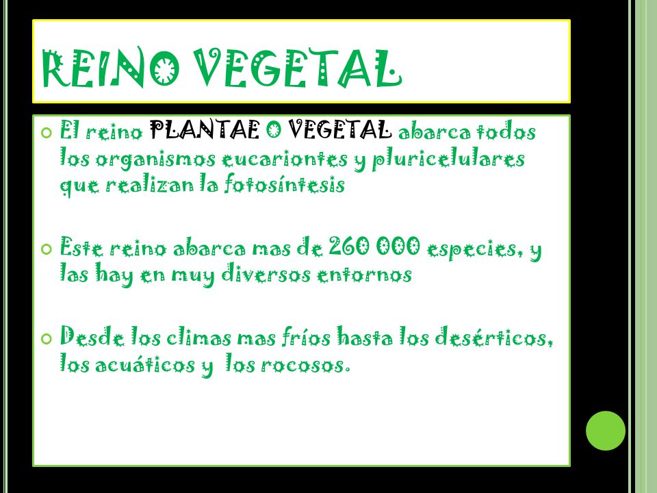 REINO VEGETAL El reino PLANTAE O VEGETAL abarca todos los organismos eucariontes y pluricelulares que realizan la fotosíntesis.