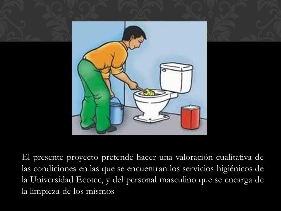 El presente proyecto pretende hacer una valoración cualitativa de las condiciones en las que se encuentran los servicios higiénicos de la Universidad Ecotec, y del personal masculino que se encarga de la limpieza de los mismos