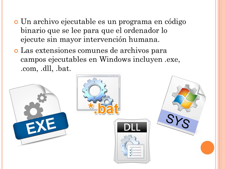 Un archivo ejecutable es un programa en código binario que se lee para que el ordenador lo ejecute sin mayor intervención humana.