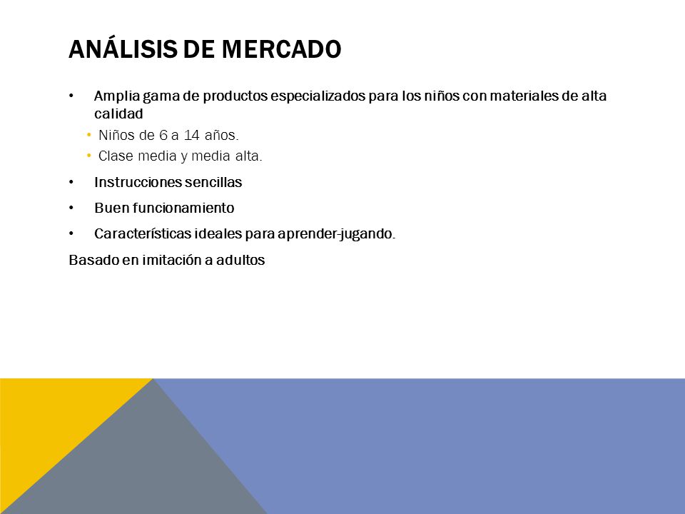 Análisis de mercado Amplia gama de productos especializados para los niños con materiales de alta calidad.