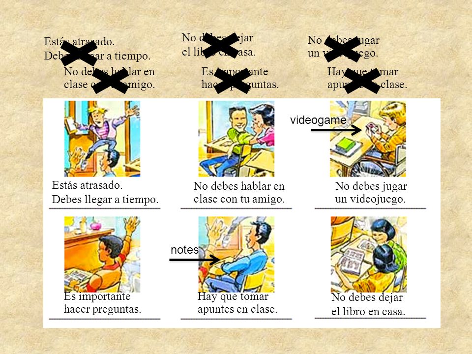 No debes dejar el libro en casa. Estás atrasado. Debes llegar a tiempo. No debes jugar. un videojuego.