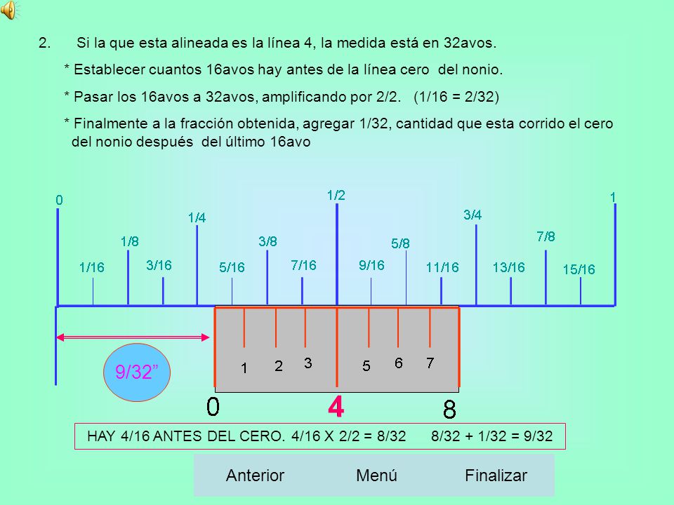 HAY 4/16 ANTES DEL CERO. 4/16 X 2/2 = 8/32 8/32 + 1/32 = 9/32