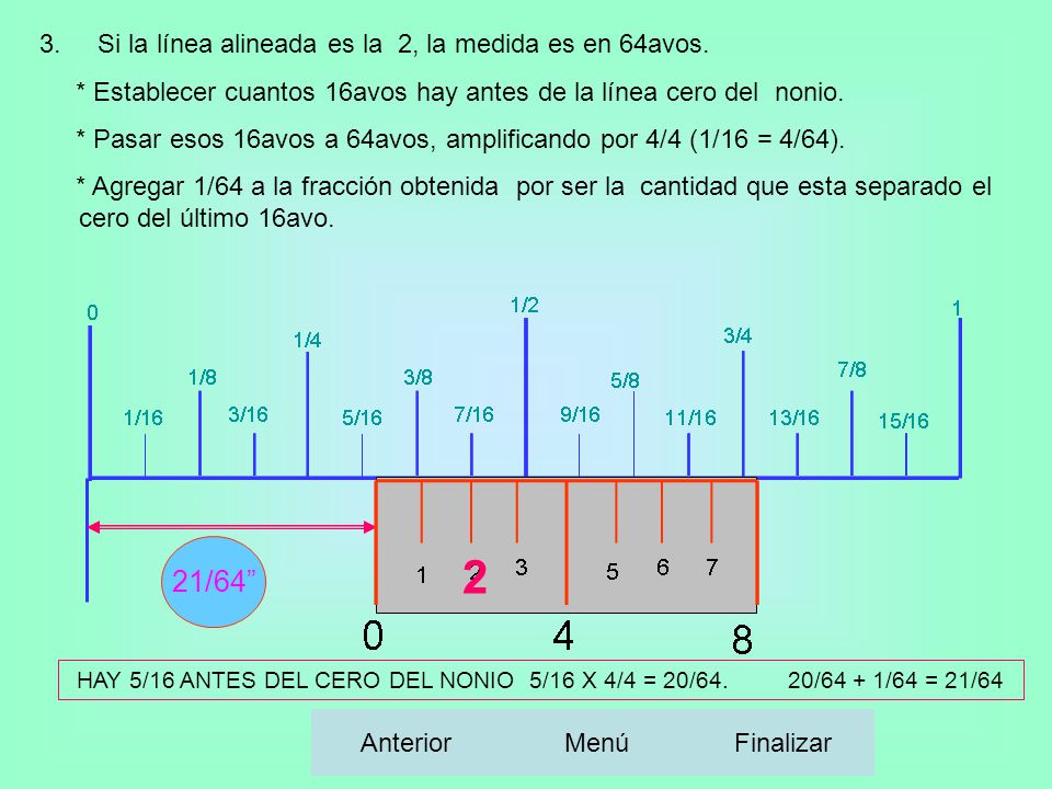 2 21/64 3. Si la línea alineada es la 2, la medida es en 64avos.