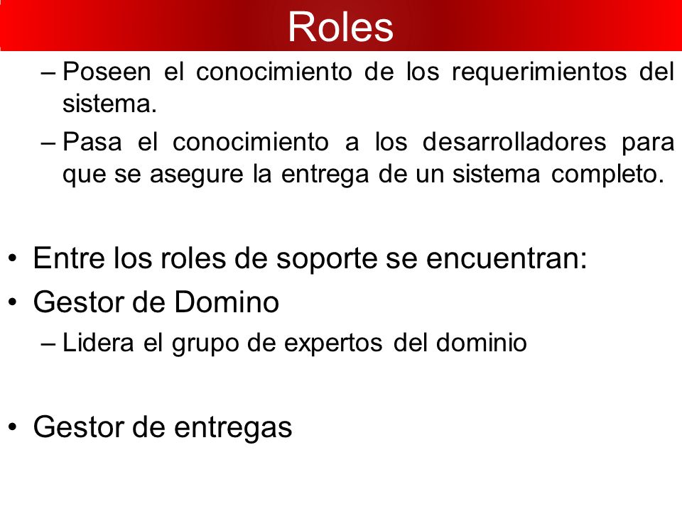 Roles Entre los roles de soporte se encuentran: Gestor de Domino