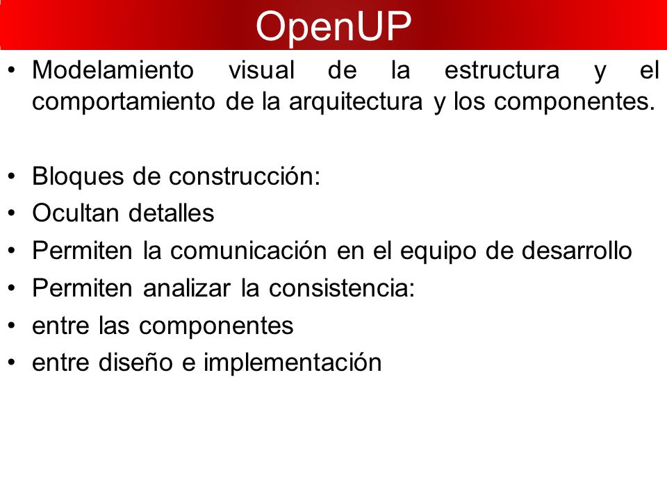 OpenUP Modelamiento visual de la estructura y el comportamiento de la arquitectura y los componentes.