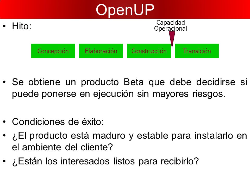 OpenUP Hito: Se obtiene un producto Beta que debe decidirse si puede ponerse en ejecución sin mayores riesgos.