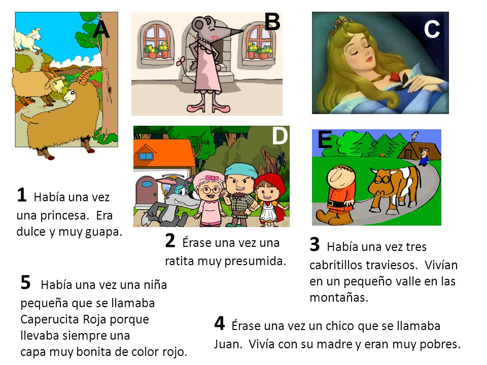 B A C D E 1 Había una vez una princesa. Era dulce y muy guapa.