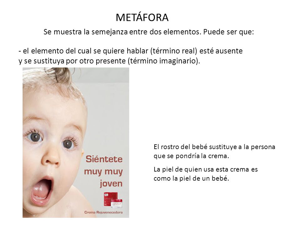 METÁFORA Se muestra la semejanza entre dos elementos. Puede ser que: