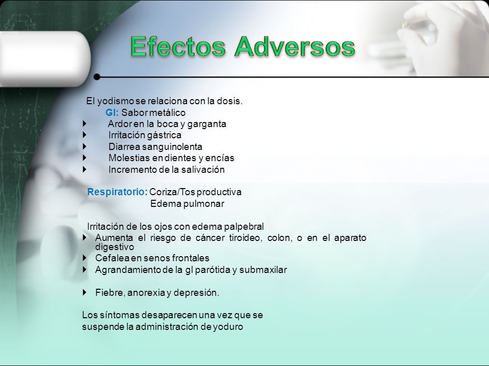 Efectos Adversos GI: Sabor metálico Ardor en la boca y garganta