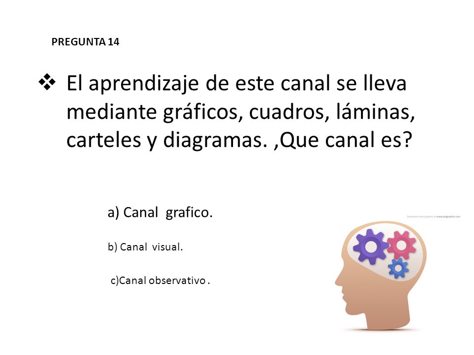 PREGUNTA 14 El aprendizaje de este canal se lleva mediante gráficos, cuadros, láminas, carteles y diagramas. ,Que canal es
