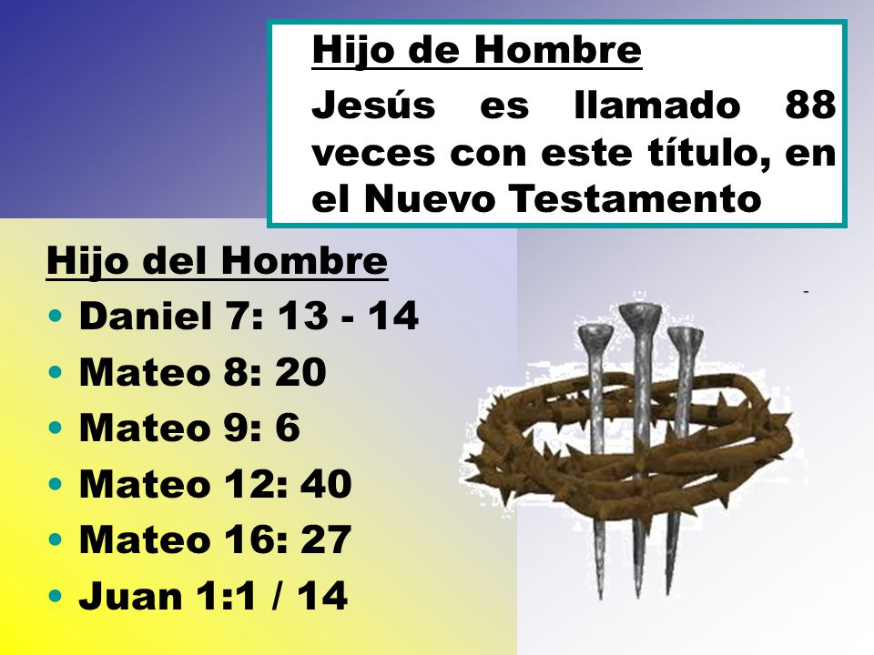 Hijo de Hombre Jesús es llamado 88 veces con este título, en el Nuevo Testamento. Hijo del Hombre.
