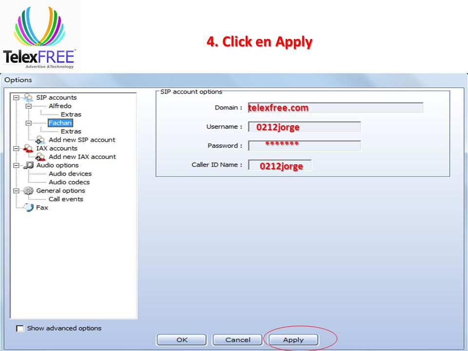 4. Click en Apply telexfree.com 0212jorge ******* 0212jorge