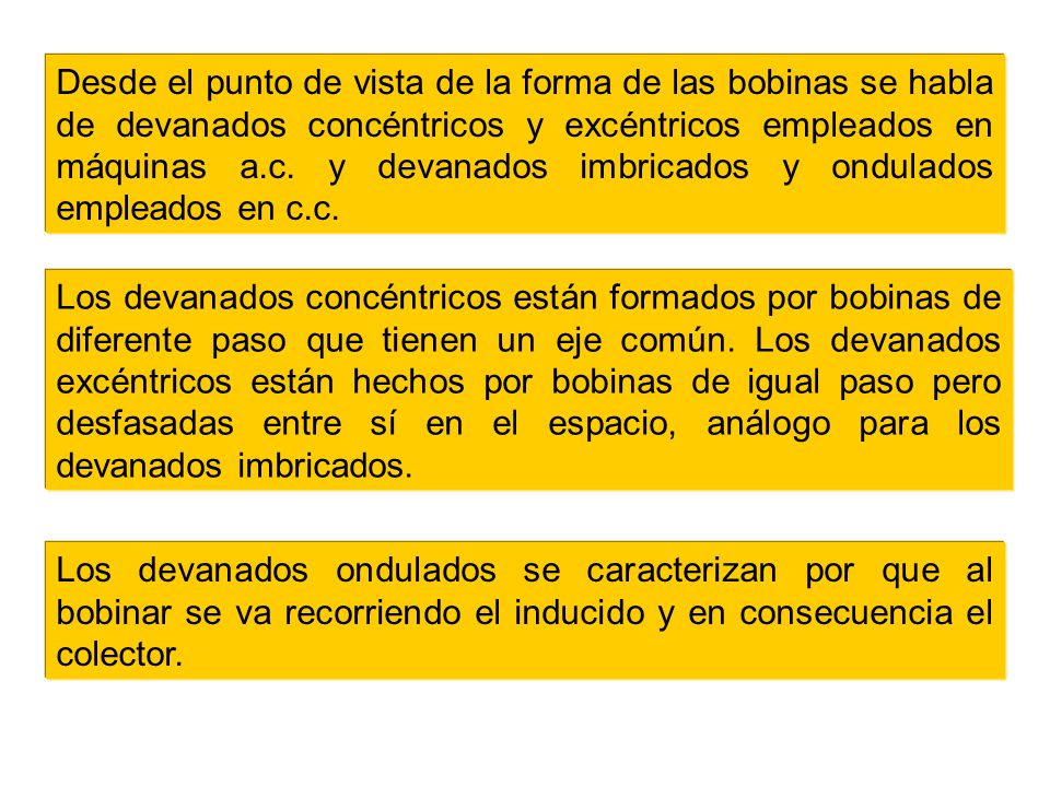 Desde el punto de vista de la forma de las bobinas se habla de devanados concéntricos y excéntricos empleados en máquinas a.c. y devanados imbricados y ondulados empleados en c.c.
