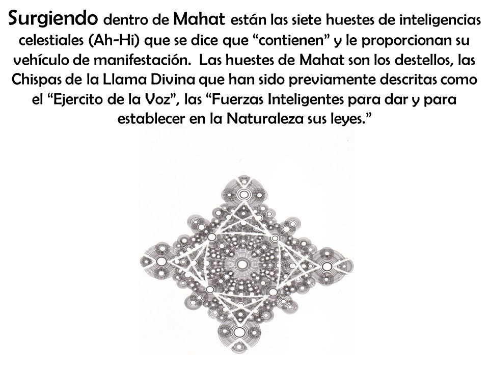 Surgiendo dentro de Mahat están las siete huestes de inteligencias celestiales (Ah-Hi) que se dice que contienen y le proporcionan su vehículo de manifestación.