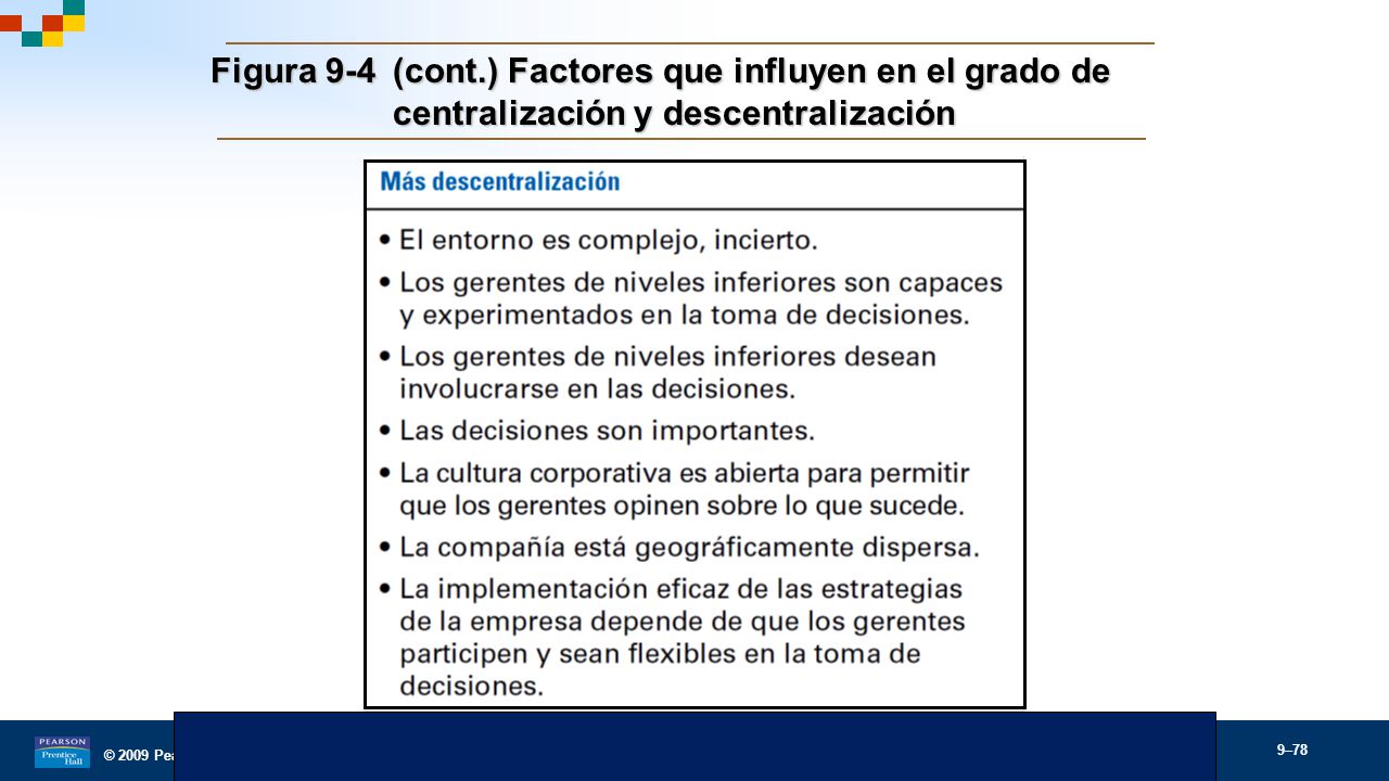 Figura 9-4 (cont.) Factores que influyen en el grado de centralización y descentralización