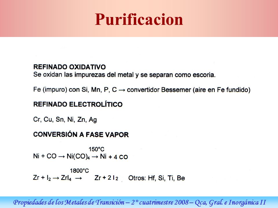 Purificacion Propiedades de los Metales de Transición – 2° cuatrimestre 2008 – Qca, Gral.