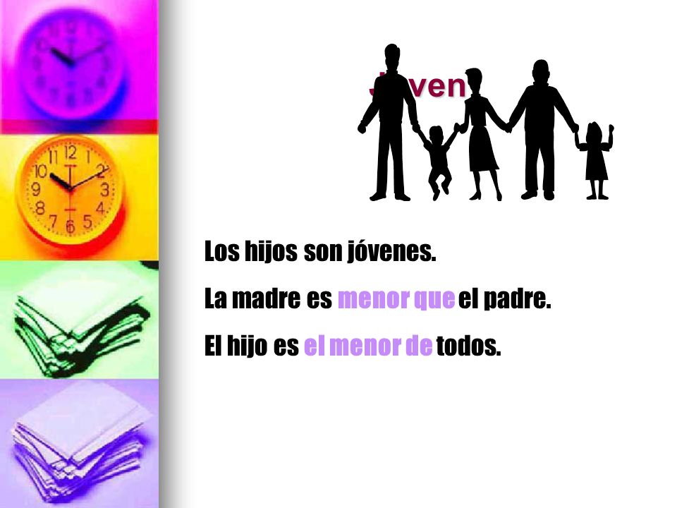 Joven Los hijos son jóvenes. La madre es menor que el padre.
