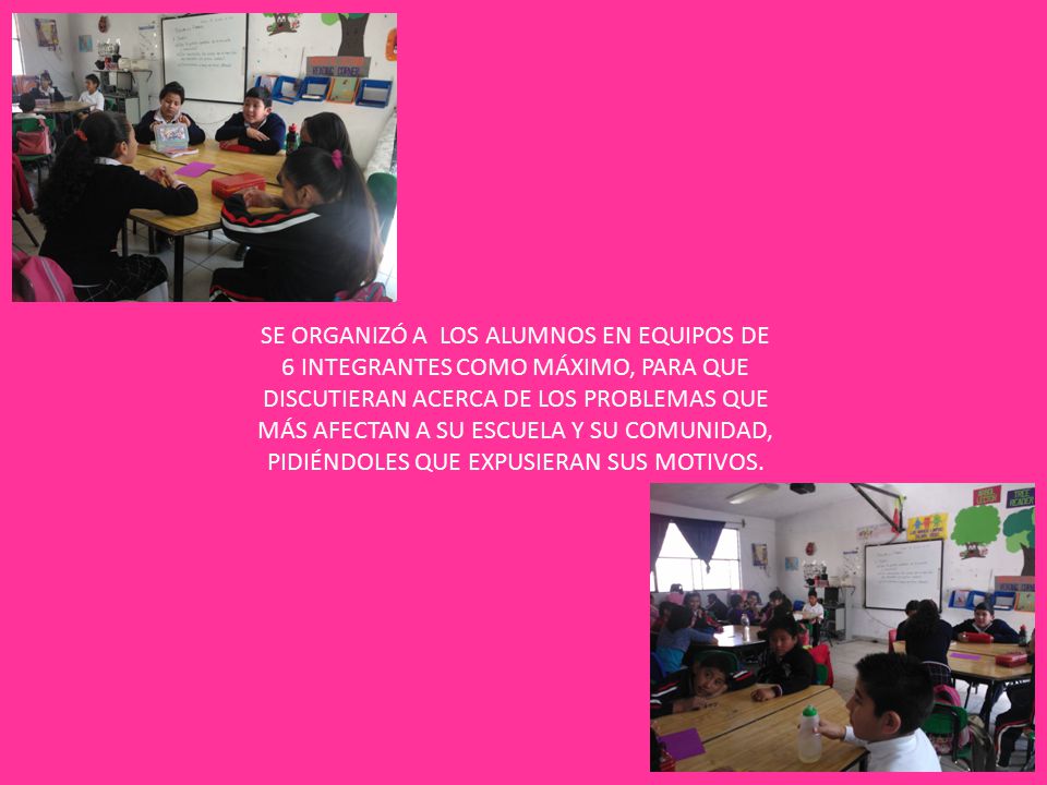SE ORGANIZÓ A LOS ALUMNOS EN EQUIPOS DE 6 INTEGRANTES COMO MÁXIMO, PARA QUE DISCUTIERAN ACERCA DE LOS PROBLEMAS QUE MÁS AFECTAN A SU ESCUELA Y SU COMUNIDAD, PIDIÉNDOLES QUE EXPUSIERAN SUS MOTIVOS.