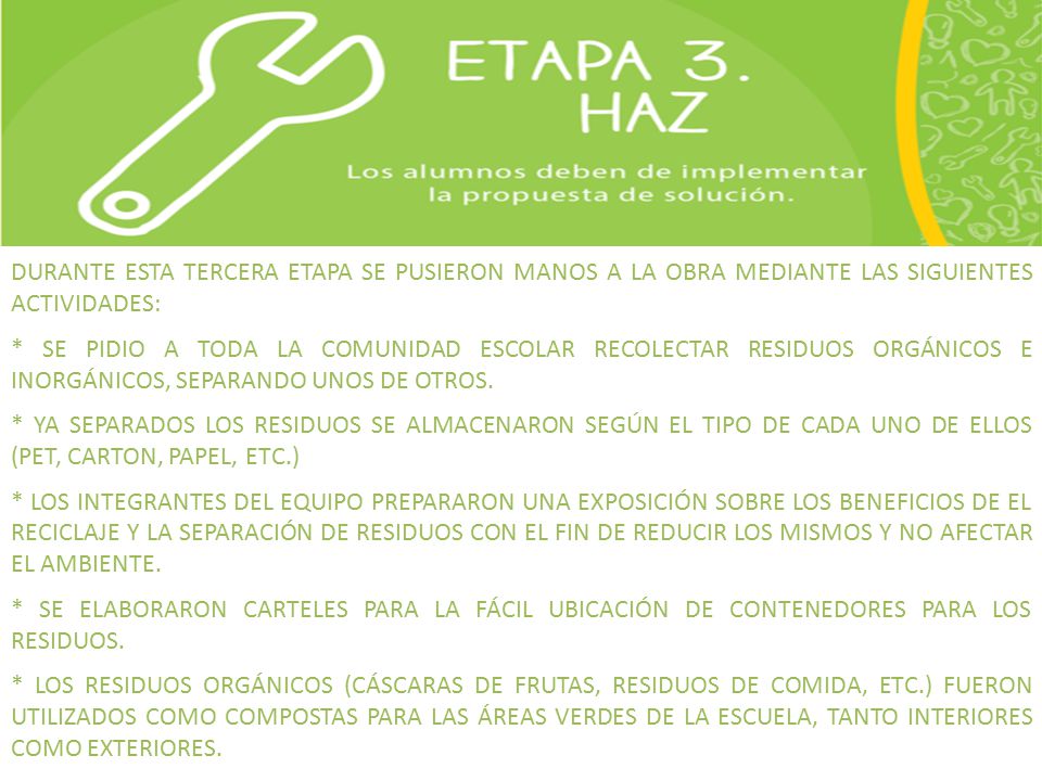 DURANTE ESTA TERCERA ETAPA SE PUSIERON MANOS A LA OBRA MEDIANTE LAS SIGUIENTES ACTIVIDADES: