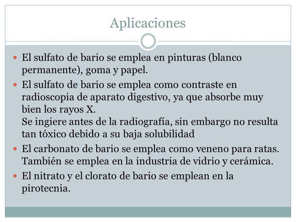 Aplicaciones El sulfato de bario se emplea en pinturas (blanco permanente), goma y papel.