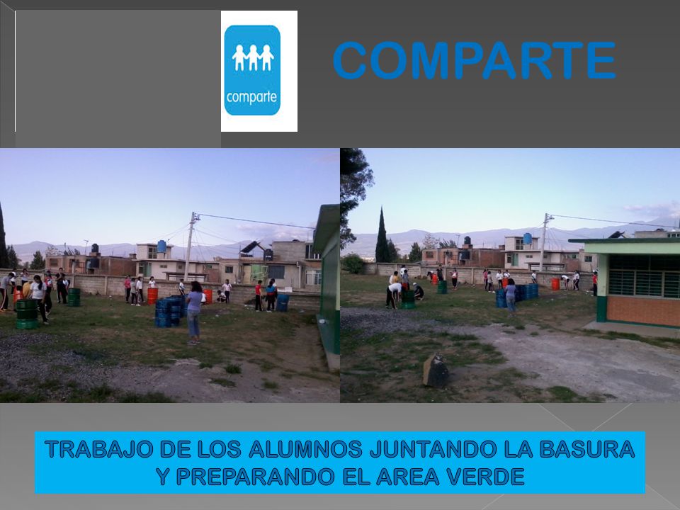 TRABAJO DE LOS ALUMNOS JUNTANDO LA BASURA Y PREPARANDO EL AREA VERDE