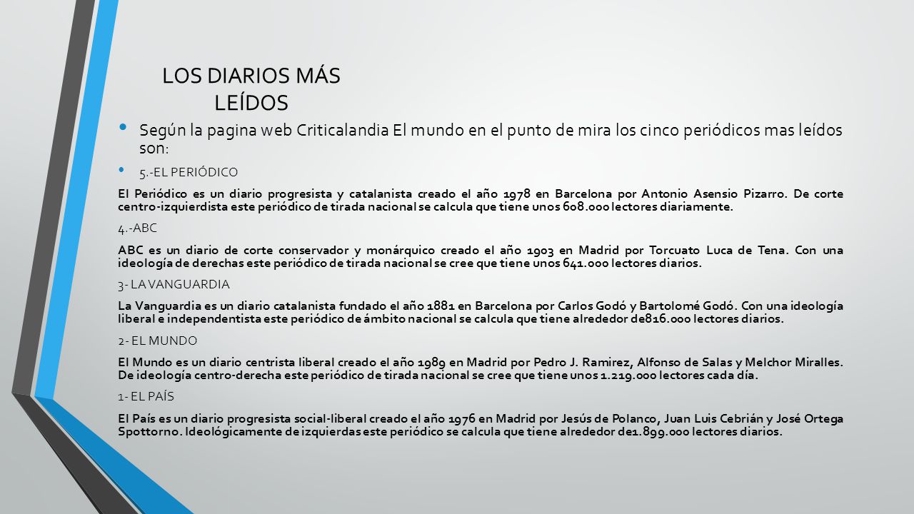 LOS DIARIOS MÁS LEÍDOS Según la pagina web Criticalandia El mundo en el punto de mira los cinco periódicos mas leídos son: