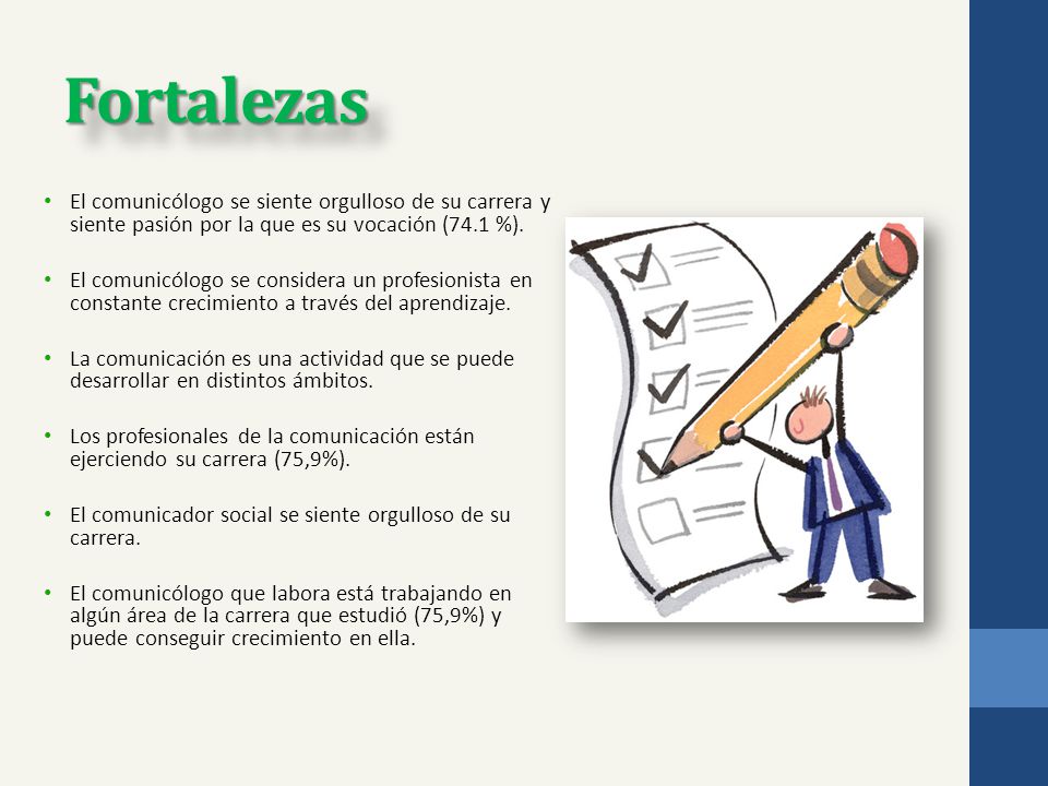 Fortalezas El comunicólogo se siente orgulloso de su carrera y siente pasión por la que es su vocación (74.1 %).