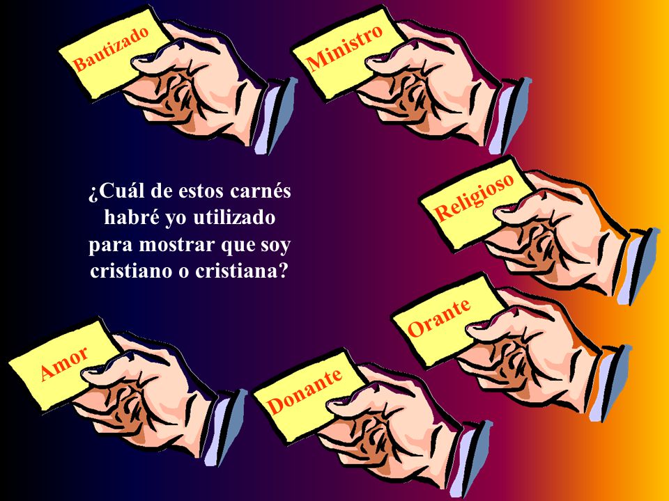 Bautizado Ministro. Religioso. ¿Cuál de estos carnés habré yo utilizado para mostrar que soy cristiano o cristiana