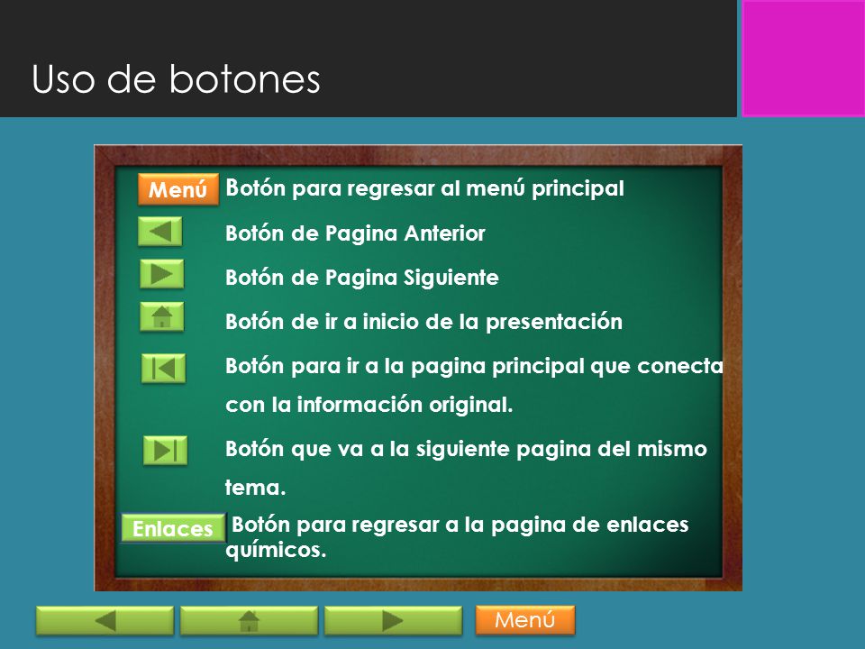 Uso de botones Botón para regresar al menú principal Menú