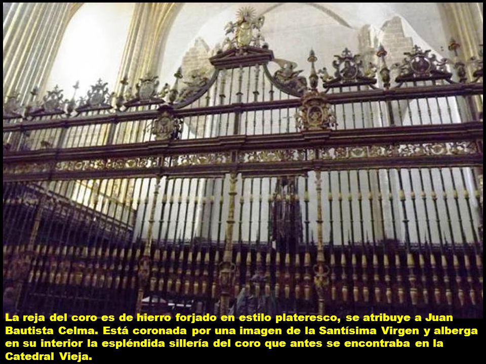 La reja del coro es de hierro forjado en estilo plateresco, se atribuye a Juan Bautista Celma.