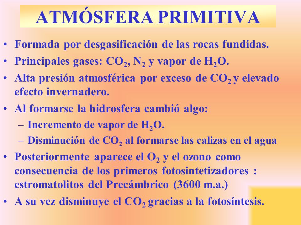 ATMÓSFERA PRIMITIVA Formada por desgasificación de las rocas fundidas.