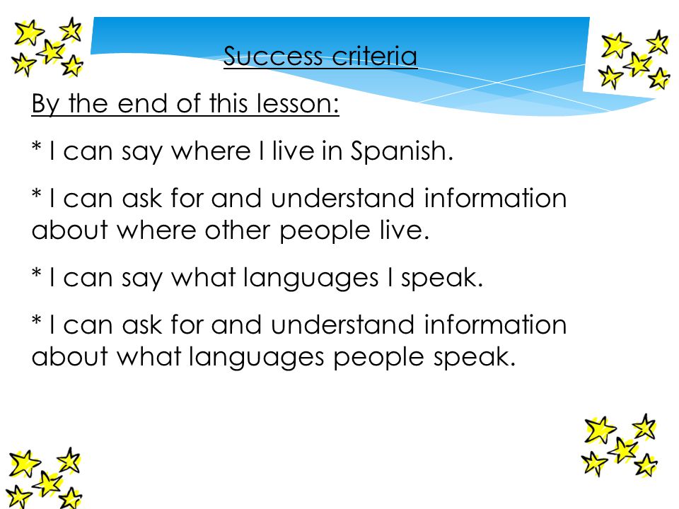 Success criteria By the end of this lesson: * I can say where I live in Spanish.