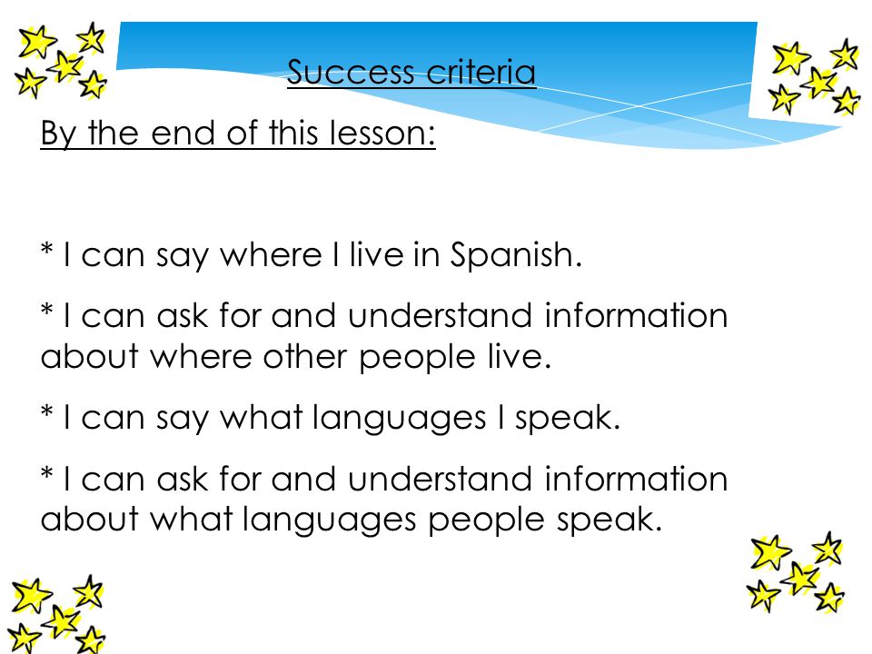 Success criteria By the end of this lesson: * I can say where I live in Spanish.