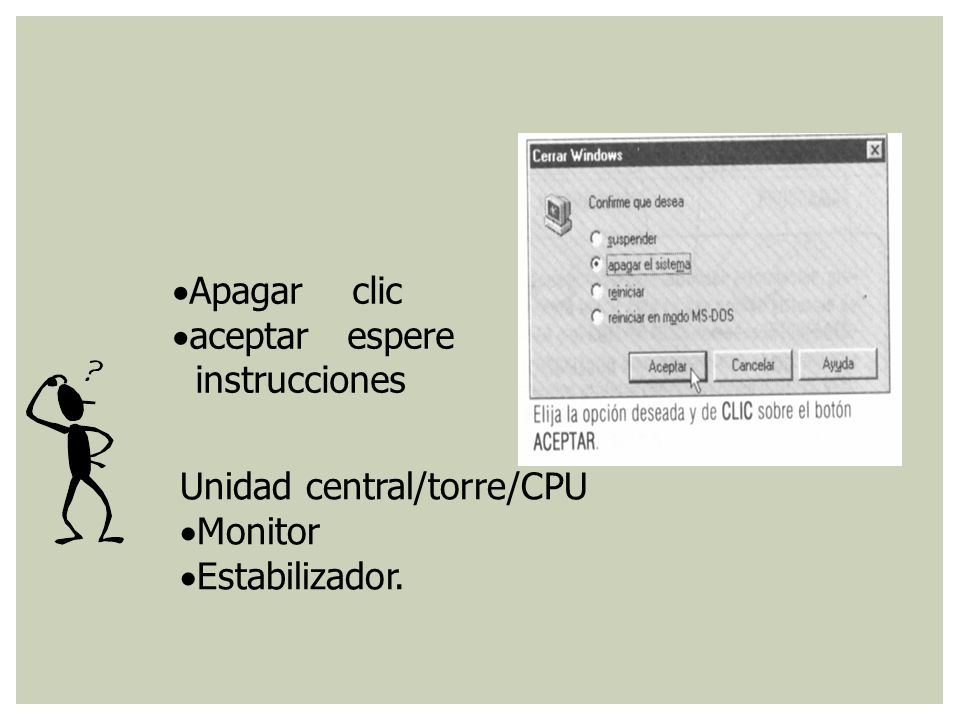Apagar clic aceptar espere instrucciones Unidad central/torre/CPU Monitor Estabilizador.