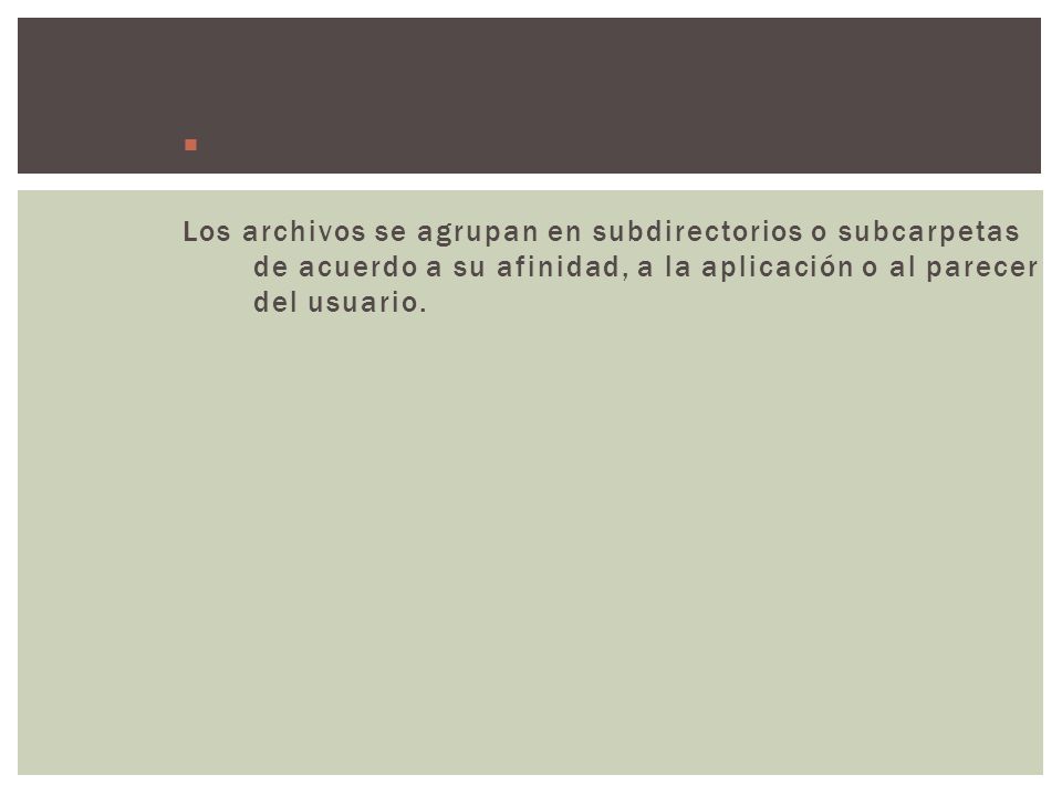 SUBCARPETAS: Los archivos se agrupan en subdirectorios o subcarpetas de acuerdo a su afinidad, a la aplicación o al parecer del usuario.