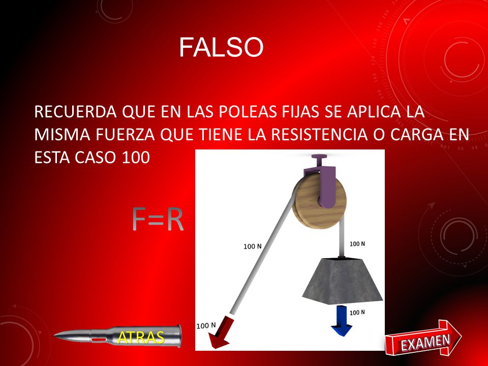 FALSO RECUERDA QUE EN LAS POLEAS FIJAS SE APLICA LA MISMA FUERZA QUE TIENE LA RESISTENCIA O CARGA EN ESTA CASO 100.