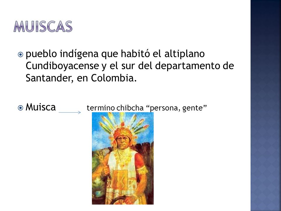 MUISCAS pueblo indígena que habitó el altiplano Cundiboyacense y el sur del departamento de Santander, en Colombia.