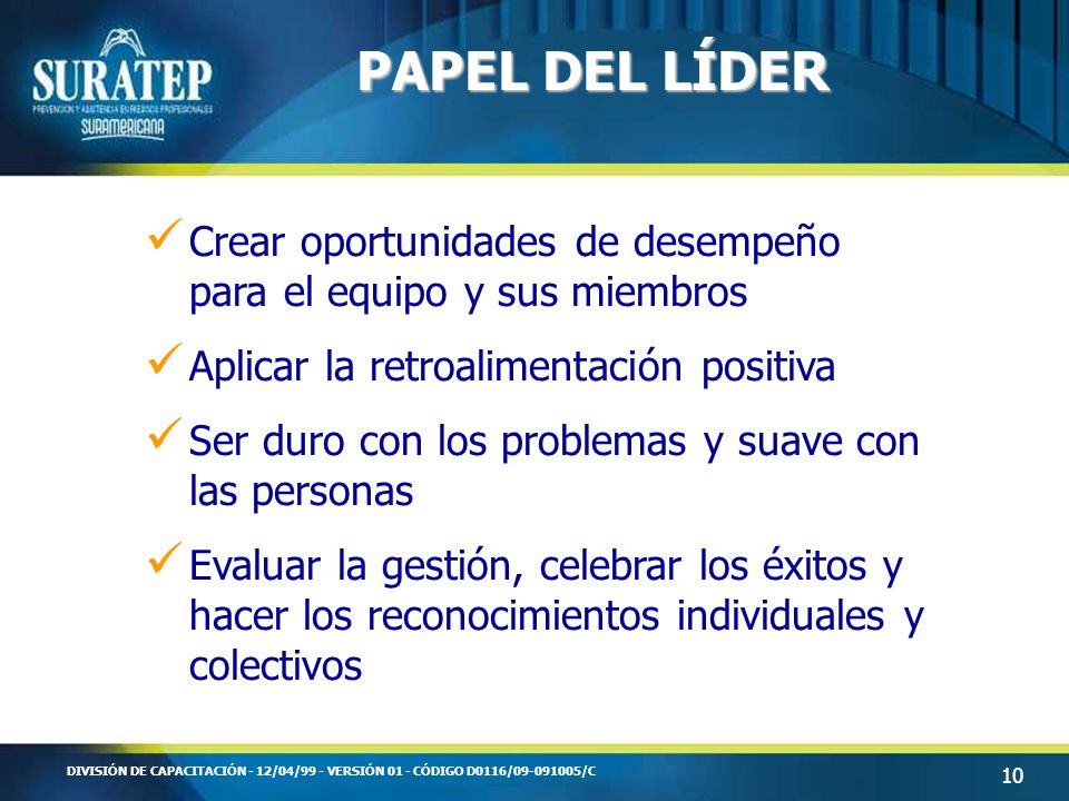 PAPEL DEL LÍDER Crear oportunidades de desempeño para el equipo y sus miembros. Aplicar la retroalimentación positiva.