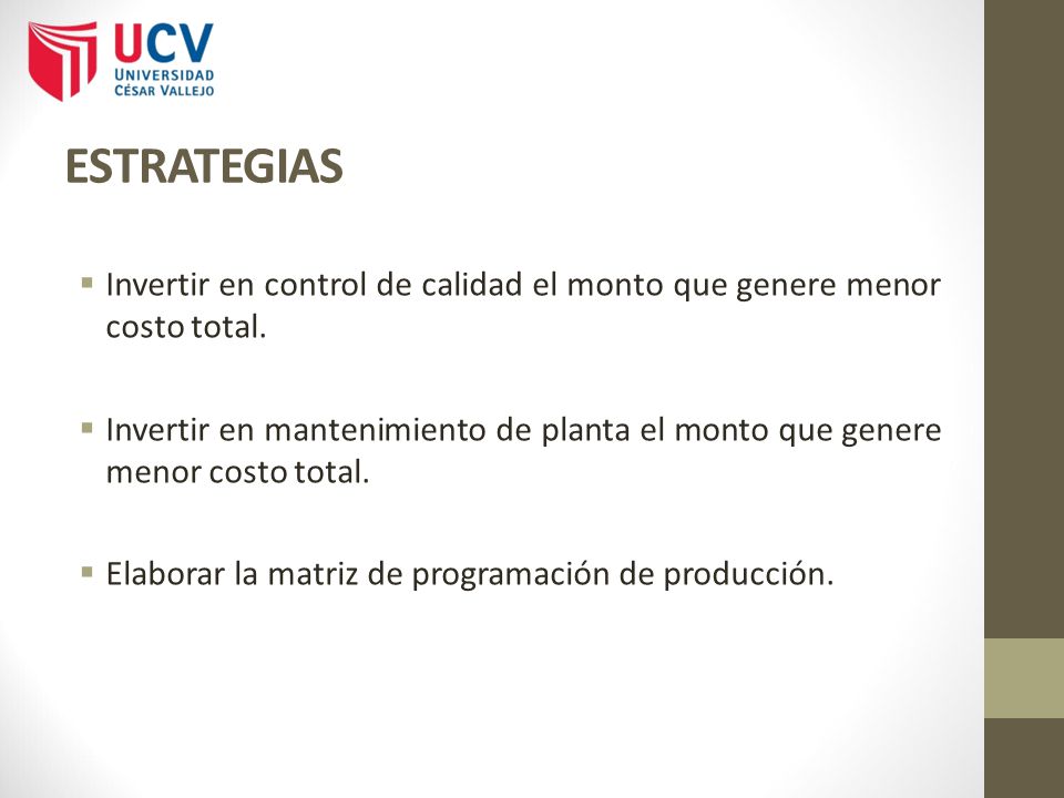 ESTRATEGIAS Invertir en control de calidad el monto que genere menor costo total.
