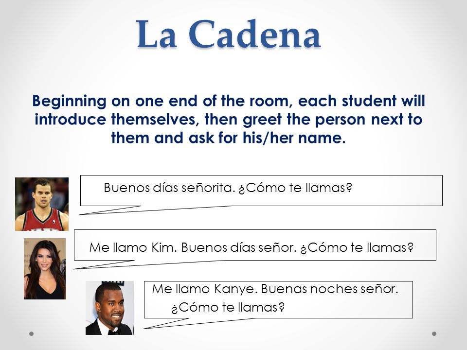La Cadena Beginning on one end of the room, each student will introduce themselves, then greet the person next to them and ask for his/her name.