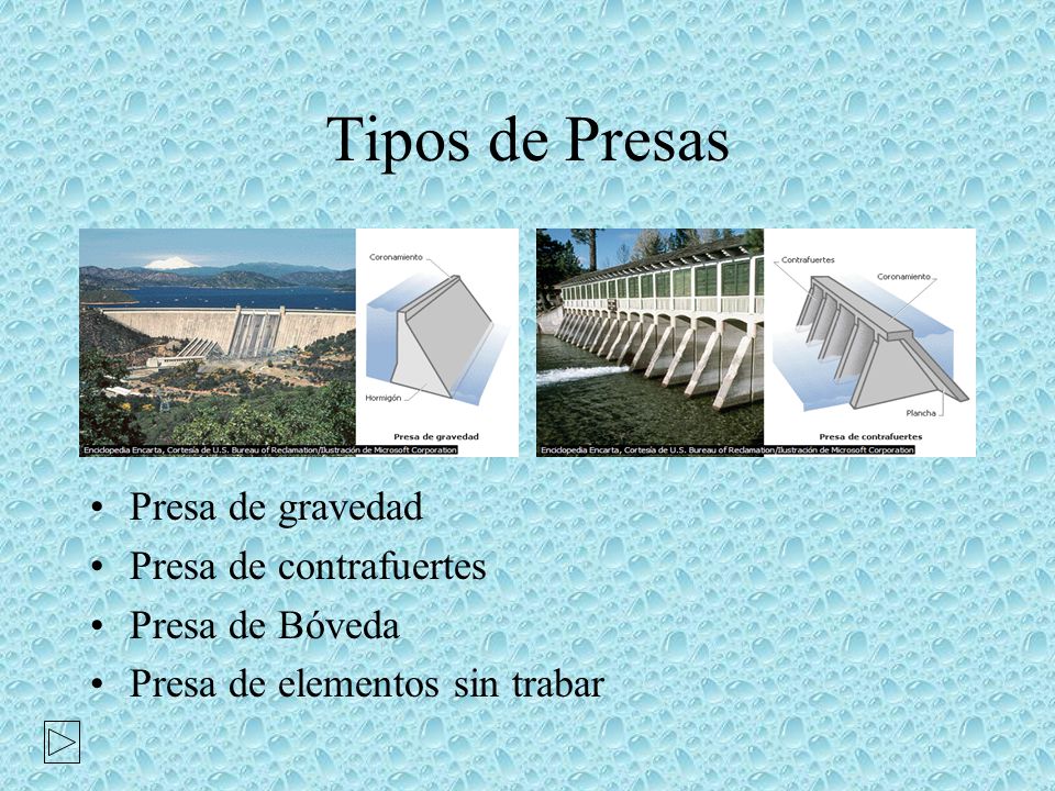 Tipos de Presas Presa de gravedad Presa de contrafuertes