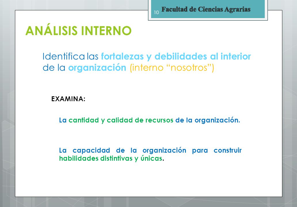 ANÁLISIS INTERNO Identifica las fortalezas y debilidades al interior de la organización (interno nosotros )