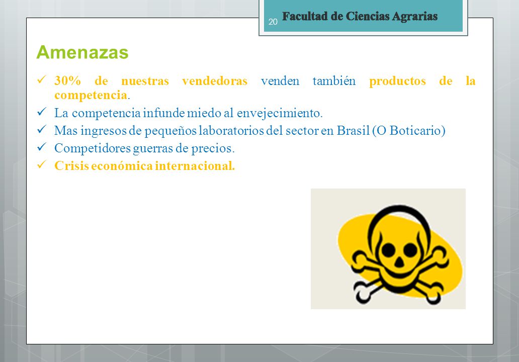 Amenazas 30% de nuestras vendedoras venden también productos de la competencia. La competencia infunde miedo al envejecimiento.